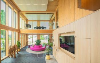 Lichte en moderne kantoorruimte met houten accenten en grote ramen op Moutlaan 1-23, Enschede. Roze bank en planten verlevendigen het interieur. Ideaal voor werk en vergaderingen.