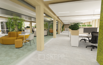 Modern kantoorpand aan Moutlaan 1-23, Enschede met open werkruimtes en levendige groenvoorzieningen. Gezellige hoekjes en strakke bureaus bieden de ideale plek voor kantoorruimte huren.