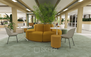 Moderne en lichte kantoorruimte op Moutlaan 1-23 in Enschede, met stijlvolle zitjes en veel groen, ideaal voor huren. Aantrekkelijke werkplek met open indeling en comfortabele meubels.