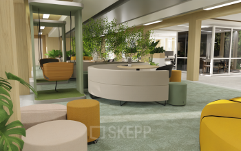 Moderne kantoorruimte huren aan Moutlaan 1-23, Enschede. Stijlvol ingericht met ronde zitbanken en veel groene planten voor een inspirerende werkomgeving.