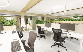 Moderne werkruimte in kantoorpand Moutlaan 1-23, Enschede met ruime bureaus, ergonomische stoelen en groenvoorzieningen, ideaal voor kantoorruimte huren.