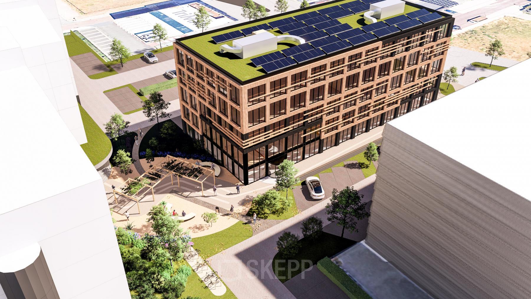 Exterieur van het kantoorpand op Moutlaan 1-23, Enschede, met moderne architectuur en groene accenten, ideaal voor bedrijven die kantoorruimte willen huren.