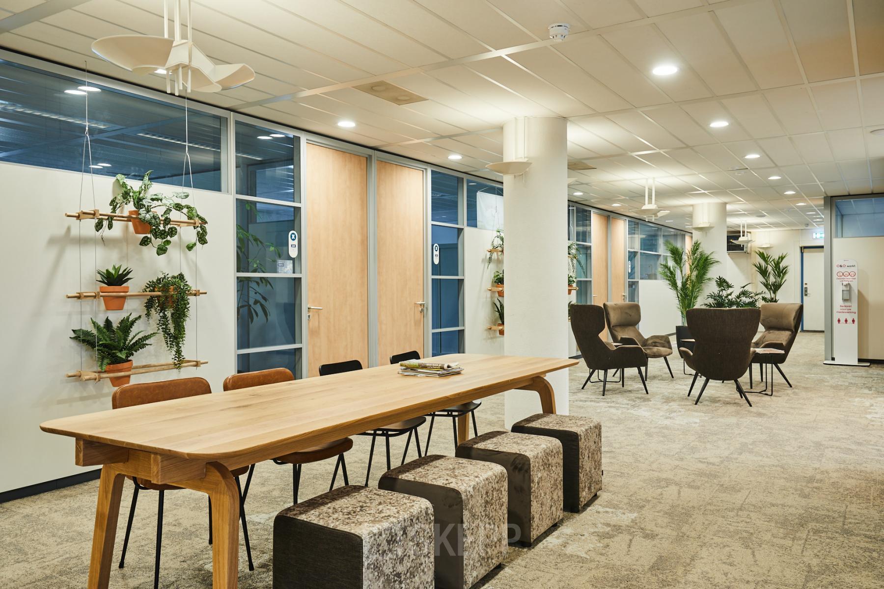 Kantoorruimte huren aan Leonard Springerlaan 7 in Groningen, met moderne inrichting, comfortabele zitplekken, en grote tafel, omringd door planten. Zakelijke activiteit in een uitnodigende sfeer.