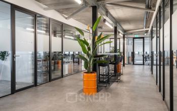 Moderne kantoorruimte op Waarderweg 52, Haarlem Waarderpolder, met glazen wanden, hoge plafonds en planten. Ideaal voor kantoorruimte huren of werken in een kantoorpand. Stijlvoller dan een doorsnee werkplek.