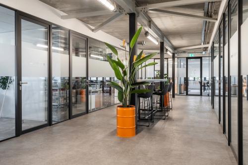 Moderne kantoorruimte op Waarderweg 52, Haarlem Waarderpolder, met glazen wanden, hoge plafonds en planten. Ideaal voor kantoorruimte huren of werken in een kantoorpand. Stijlvoller dan een doorsnee werkplek.