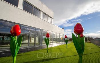 Uitzicht op de buitenzijde van het kantoorpand aan de A. Hofmanweg 5A in Haarlem Waarderpolder met opvallende tulpenkunst op het gazon.