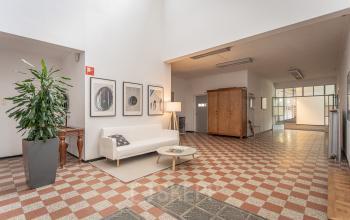 Ruime hal van een kantoorpand op Oliemolenstraat 60 in Heerlen met wit interieur, zithoek, planten en decoratieve schilderijen.