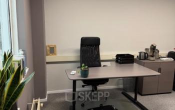 Zicht op een lichte kantoorruimte op Hamerstraat 10, Hengelo, met een bureau, stoel, planten en een kast. Ideaal voor wie kantoorruimte wil huren.