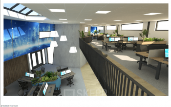Moderne en lichte kantoorruimte te huur op Lintelerweg 40, Hengelo, met diverse werkplekken, grote ramen en veel groen accentuering.