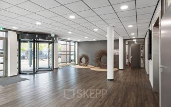 Entree van het kantoorpand aan de Demmersweg 41-47 in Hengelo met houten vloer, glazen deuren en unieke decoratie.