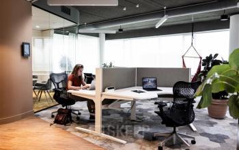 Moderne kantoorruimte gelegen op Mercuriusplein 1, Hoofddorp. Persoon werkt geconcentreerd aan een bureau met een laptop, omringd door hedendaags kantoormeubilair en veel lichtinval.