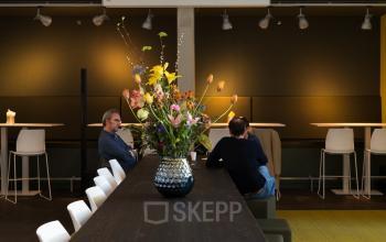 Kantoorruimte op Opaallaan 1180 in Hoofddorp met moderne inrichting. Persoon aan tafel bezig met zakelijke activiteiten. Verlichting en bloemen zorgen voor een aangename sfeer.