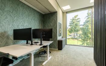 Kantoorruimte huren in Lange Marktstraat 1, Leeuwarden met twee bureaus, groene muurdecoratie en groot raam met uitzicht op een park.