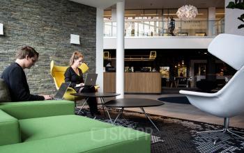 Zakelijke ontmoetingsruimte bij kantoor Kanaalpark 140, Leiden, met moderne meubels en werknemers bezig met laptops.