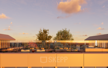 Dak van kantoorpand op Marten Meesweg 101, Rotterdam Alexander, met een uitnodigende openluchtruimte om te huren. Perfect voor zakelijke bijeenkomsten onder de lucht.