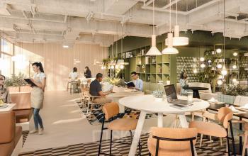 Moderne kantoorruimte huren in Rotterdam Alexander met open vloerplan, voorzien van comfortabele zitplekken en planten, ideaal voor samenwerking en zakelijke bijeenkomsten.