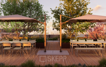 Dakterras bij het kantoorpand aan Marten Meesweg 101, Rotterdam Alexander met zitgelegenheid onder parasols, omringd door groen. Ideaal voor zakelijke bijeenkomsten en ontspanning na het huren van kantoorruimte.