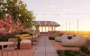 Dakterras met zitgedeelte en planten op het kantoorpand aan Marten Meesweg 101 in Rotterdam Alexander, ideaal voor kantoorruimte huren.