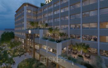 Modern kantoorpand op Marten Meesweg 101 in Rotterdam Alexander, met grote ramen en meerdere verdiepingen, ideaal voor kantoorruimte huren.