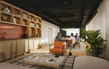 Moderne kantoorruimte huren op Marten Meesweg 101 in Rotterdam Alexander met een gemeubileerd interieur en personen aan het vergaderen rond een tafel.