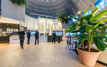Moderne kantoorpand bij Weena 505 in Rotterdam Centraal Station met werknemers in gesprek bij de receptie, veel natuurlijk licht en houten vloer.