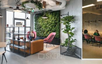 Kantoorruimte huren op Stationsplein 45, Rotterdam Centraal Station. Gezellige werkplek met groene muur, roze stoelen en tafels. Mensen zijn aan het werk en vergaderen.