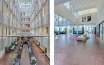 Ruime en lichte entree met glazen dak in een kantoorpand aan Blaak 34, Rotterdam Centrum. Potentiële huurders kunnen hier een stijlvolle kantoorruimte huren met moderne voorzieningen.