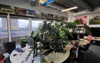 Kantoorruimte huren aan Aert van Nesstraat 45 in Rotterdam Centrum, inclusief werkplekken, bureaus, stoelen en planten.