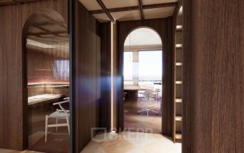 In het kantoorpand aan Coolsingel 139, Rotterdam Centrum, zie je een stijlvol interieur met houten details en moderne werkplekken. Kantoorruimte huren hier biedt een functionele en professionele omgeving.