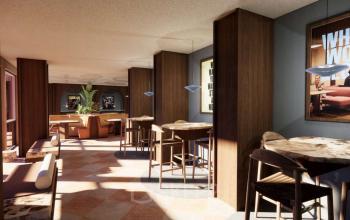 Stijlvol ingerichte kantoorruimte huren in het Coolsingel 139 kantoorpand, Rotterdam Centrum. Moderne open ruimte met zithoeken en houten accenten, ideaal voor flexwerken en meetings.