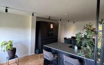 Moderne kantoorruimte met houten vloer in kantoorpand aan het Westplein 12, Rotterdam Centrum, geschikt voor huren. Stijlvol ingericht met zwarte meubels en grote planten.