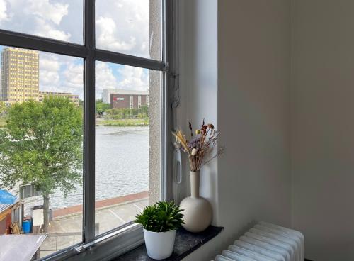 Uitzicht vanuit een kantoor aan Willem Buytewechstraat 45 in Rotterdam Delfshaven, met een grote raam, radiator en plant op de vensterbank.