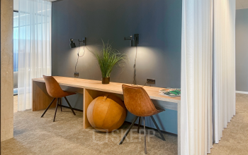 Moderne kantoorruimte huren in Rotterdam Kop van Zuid met stijlvol interieur, twee bureaustoelen, een houten tafel en decoratieve planten op Wilhelminakade 173.