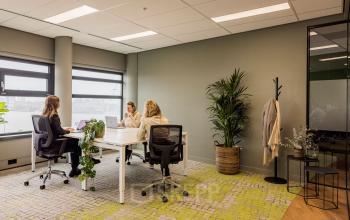 Moderne kantoorruimte op Wilhelminaplein 1-40, Rotterdam Kop van Zuid, met grote ramen en plantaardig decor. Personen zijn bezig met zakelijke activiteiten aan een vergadertafel. Perfect om een kantoor te huren.