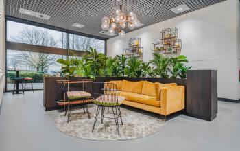 Kantoorruimte met moderne inrichting, luxe zitbank, stijlvolle stoelen en veel planten voor een uitnodigende sfeer. Grote ramen zorgen voor veel lichtinval.