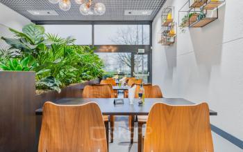Stijlvolle kantoorruimte huren met gezellige houten tafels en groene planten op Oostmaaslaan 71, Rotterdam Kralingen. Perfect voor informele vergaderingen of lunches.