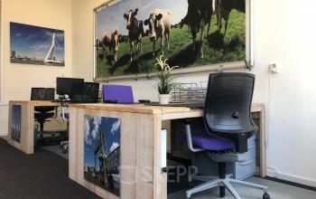 Modern ingericht kantoor aan de Van der Takstraat 8 in Rotterdam Noordereiland, met bureaus, computers en kunst aan de muur.