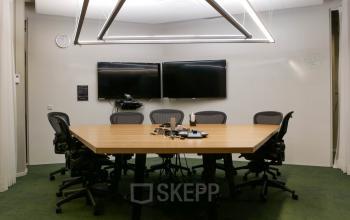 meeting room small table and chairs two screens