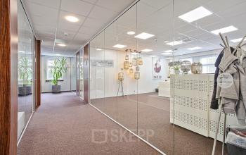 Lichte kantoorruimte met glazen wanden op Bredaseweg 8, ideaal om te gebruiken voor werk. Planten en moderne verlichting creëren een frisse uitstraling. Perfecte plek voor kantoorruimte huren in Breda Terheijden.