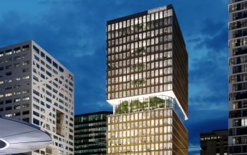 Modern kantoorgebouw gelegen op Stadsplateau 3, Utrecht Centraal Station, ideaal voor bedrijven die kantoorruimte willen huren. Het pand heeft een opvallende architectuur met grote ramen en biedt uitstekende toegankelijkheid.