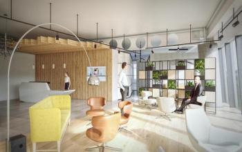 Moderne kantoorruimte met open indeling en stijlvolle meubels op Stadsplateau 3, Utrecht Centraal Station. Personen werken en overleggen in een ruimtelijke omgeving met natuurlijk licht.