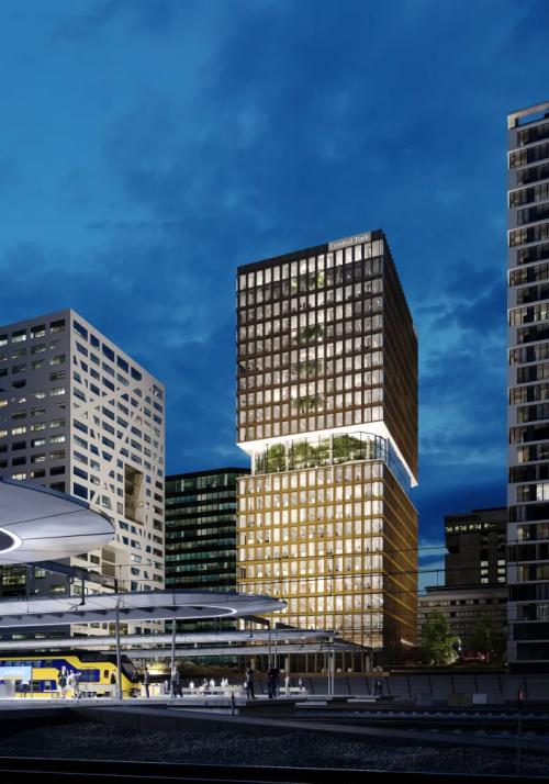 Modern kantoorgebouw gelegen op Stadsplateau 3, Utrecht Centraal Station, ideaal voor bedrijven die kantoorruimte willen huren. Het pand heeft een opvallende architectuur met grote ramen en biedt uitstekende toegankelijkheid.