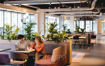 Modern kantoorpand in Utrecht Centraal Station met groene accenten. Twee mensen werken aan een tafel omringd door planten, warme verlichting en ruime zithoeken.