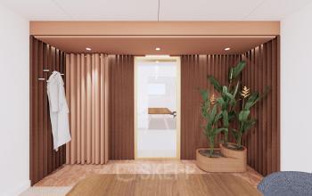 Moderne kantoorruimte huren met houten tafel, beige gordijnen en groene planten, gelegen in het kantoorpand Moreelsepark 1, Utrecht Centraal Station.