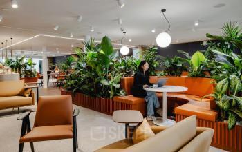 Moderne, gemeubileerde kantoorruimte bij Utrecht Centraal Station met comfortabele zitjes, veel groen en een werkende persoon op een laptop.