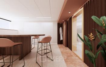 Moderne kantoorruimte in Moreelsepark 1, Utrecht Centraal Station met stijlvolle zithoeken en houten accenten, perfect voor flexibele werkopties en vergaderingen. Kantoorruimte huren met een professionele uitstraling.