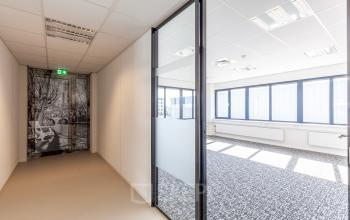 office space glass doors hallway carpet