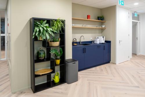 Moderne pantry in kantoorpand Euclideslaan 265, Utrecht Rijnsweerd, voorzien van blauwe kasten en planken, met koffiezetapparaat en planten voor een sfeervolle en functionele omgeving. Ideale plek voor een pauze tijdens kantoorruimte huren.