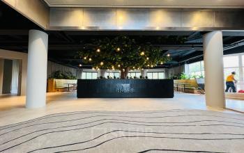 Moderne entree van een kantoorpand aan de Varrolaan 100-126, Utrecht Rijnsweerd, met een comfortabele lounge en een opvallende grote boom voor een natuurlijke ambiance.