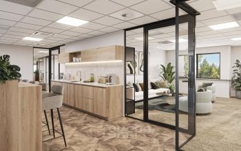 Moderne kantoorruimte op Newtonlaan 115, Utrecht Rijnsweerd. Het interieur is stijlvol ingericht met een pantry en lounge met zitgedeelte. Ideaal voor wie een kantoorruimte wil huren in Utrecht.